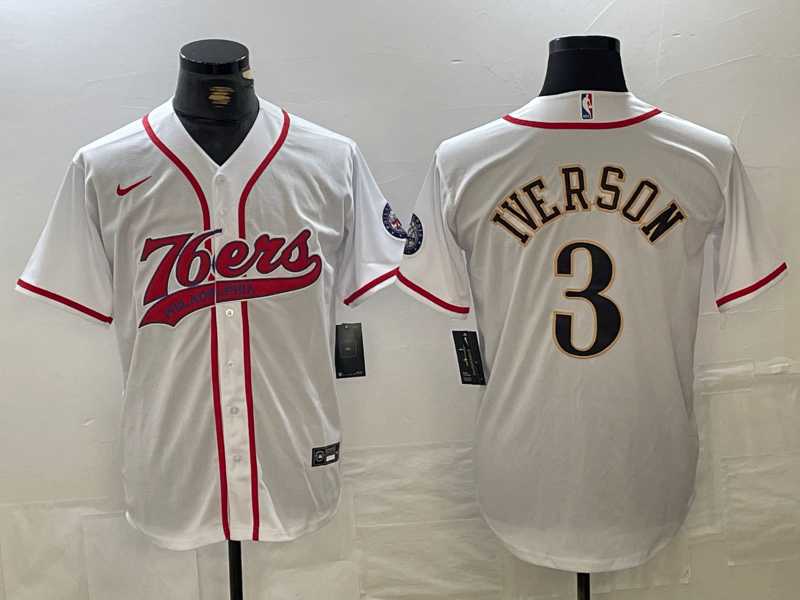 Mens Philadelphia 76ers #3 Allen Iverson White With Patch Cool Base Stitched Baseball Jersey